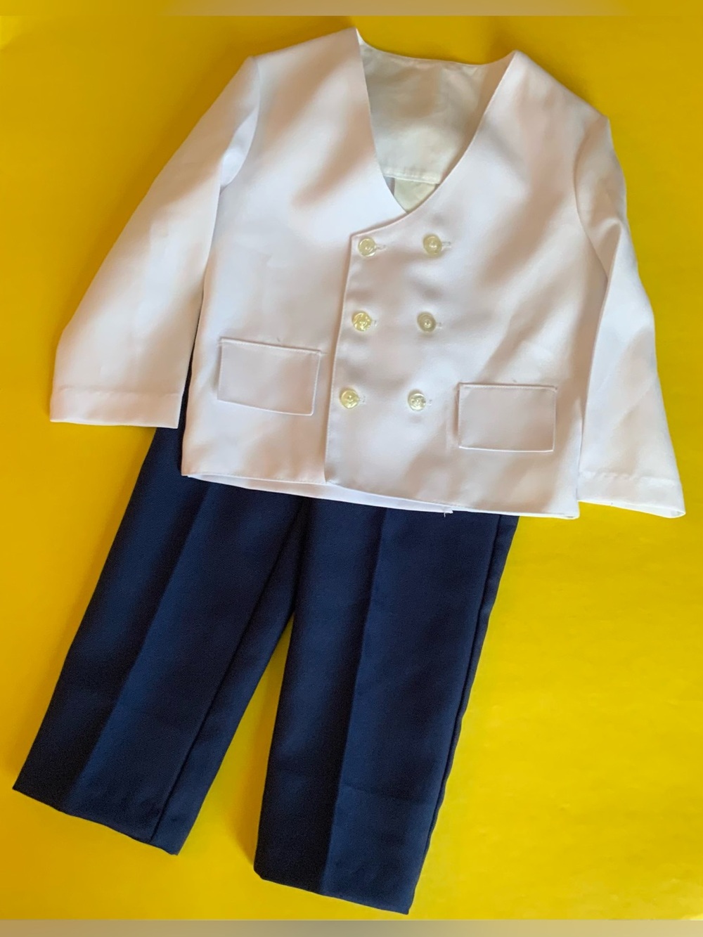 Vintage 80s White Double-Breasted Jacket & Navy Kids Pants Set
